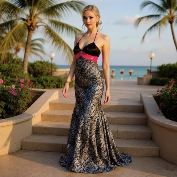Blondie Nites ✦ Animal Print Strapless Gown ✦ Black & Pink Halter Prom Dress 3 - Picture 8 of 17